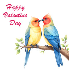 Happy Valentine&rsquo;s Day Text with Watercolor Love Birds Illustration