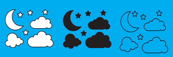 Clouds, stars, and moon in outline — perfect for a coloring book page, line art, or silhouette vector design.
