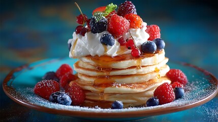 A Delightful Stack of Pancakes Topped with Fresh Berries and Cream