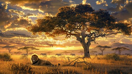 lion resting under tree in grassland, africa savanna safari sunset