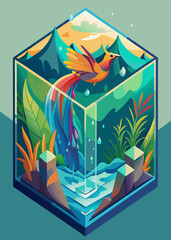 Vibrant Bird in a Tropical Cube Isometric Illustration