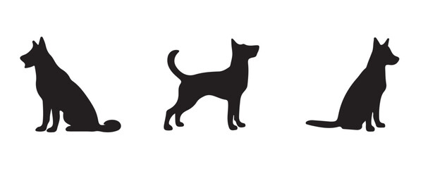 Silhouettes of three dogs in different poses—two sitting and one standing—displayed in a clean, minimal black design on a white background