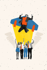 Team Lift-Off. Conceptual collage. Confident businessman launches from group as rocket, cheered by teammates below, symbolizing leadership. Concept of career rise, achievement, ambition.