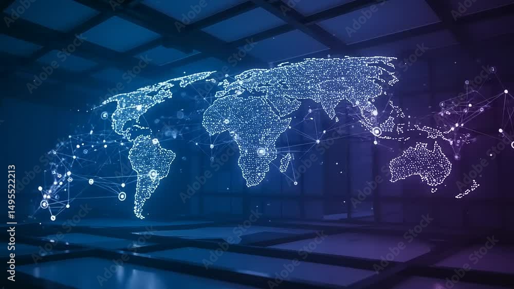 Poster world map connected by glowing networks in futuristic space