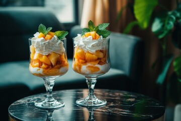 Two glasses of dessert with whipped cream and sliced peaches.