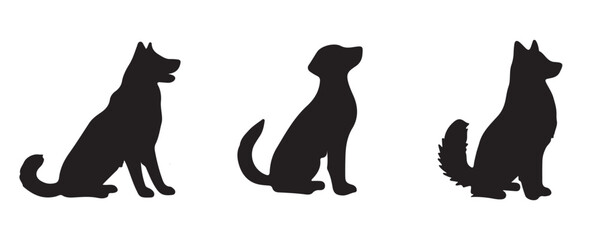 Vector illustration of three black dog silhouettes in sitting and standing positions, isolated on a white background, ideal for icons, logos, or pet-related designs