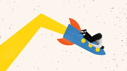 Burnout Fall. Conceptual collage. Stressed businessman clings to sideways rocket shaped like arrow, flying fast in sharp zigzag as he braces against pressure. Concept of burnout, fast pace, stress.