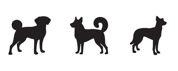 Vector illustration of three black dog silhouettes in sitting and standing positions, isolated on a white background, ideal for icons, logos, or pet-related designs