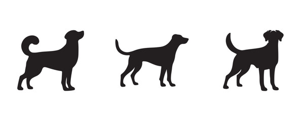 Vector illustration of three black dog silhouettes in sitting and standing positions, isolated on a white background, ideal for icons, logos, or pet-related designs