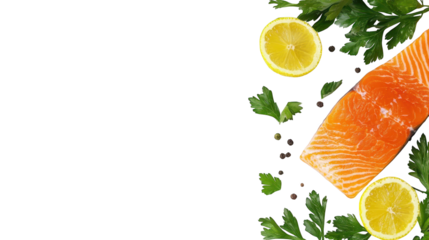 Succulent salmon with fresh lemon slices on a dark, elegant background fresh