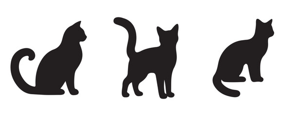 Three black cat silhouettes in different poses—seated, walking with tail up, and perched—displayed in a clean, minimal style on a white background