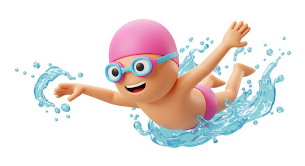 Cartoon swimmer with pink cap and blue water splash