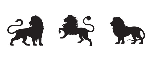 Three black lion silhouettes in different stances—standing, walking, and prowling—set against a white background, perfect for bold wildlife or nature-themed visuals