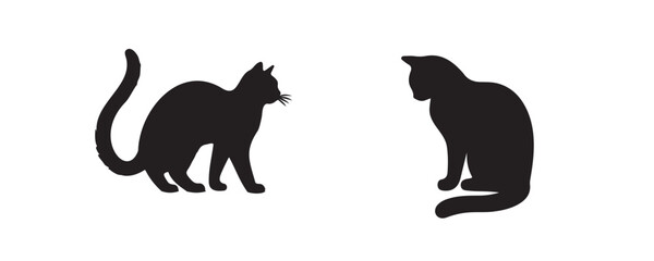 Two black cat silhouettes in different poses on a white background, one standing with tail raised, the other sitting calmly in profile view