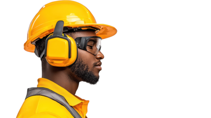 Construction worker in hard hat and safety glasses, ensuring workplace health