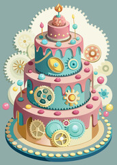Three Tiered Steampunk Birthday Cake with Gears and Candy