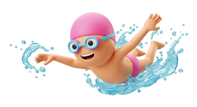 Cartoon swimmer with pink cap and blue water splash