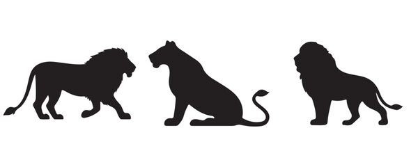 Three black lion silhouettes in different stances—standing, walking, and prowling—set against a white background, perfect for bold wildlife or nature-themed visuals