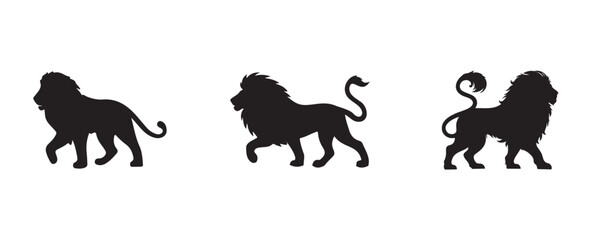 Silhouettes of three lions in various walking and standing poses, depicted in a bold black vector style on a white background, ideal for wildlife or safari-themed designs