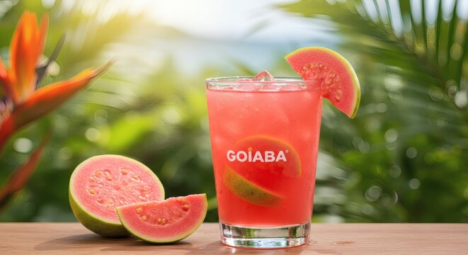 A delightful guava juice, complete with fresh guava slices, offers a taste of the tropics.