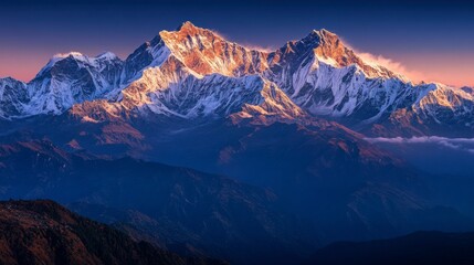 Fototapeta premium Dramatic aerial view of the Himalayas with ridgelines and deep valleys below, captured at golden hour, no people