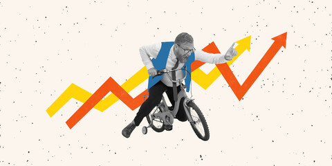Second Wind. Conceptual art collage. Businessman aggressively pedals small bike while yelling,...