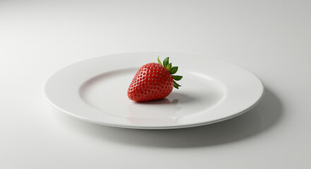 A single strawberry on a white plate close up shot
