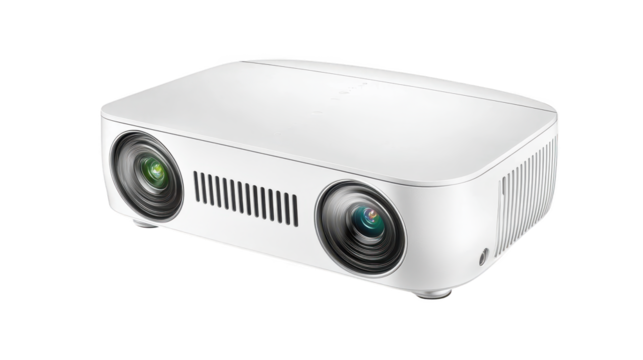 Bright white projector with green lens, enhancing presentations and home theater experiences