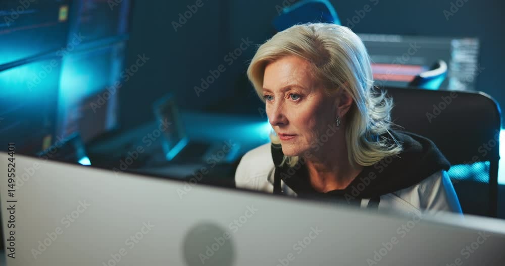 Poster Computer, night and woman in office for coding, programming, software update and cybersecurity. Online, working late and mature person on pc for website development, technology and AI system