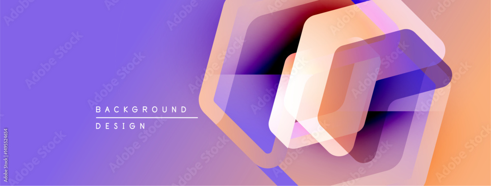Poster abstract geometric shapes overlap, creating vibrant purple, orange gradient. modern design element f