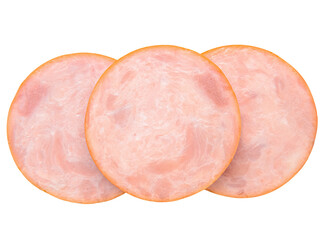 Close-up of three slices of cooked ham. Isolation on transparent background.
