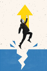 Glass Ceiling Crash. Creative collage. Man in suit leaps from cracked platform toward bold yellow arrow aiming high, breaking limits with energy. Concept of motivation, career success, progress.