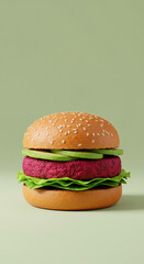 Vegan beetroot burger with lettuce and cucumber on green background for healthy eating concepts