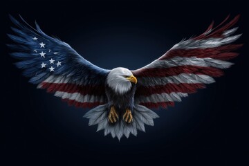 Patriotic bald eagle with American flag wings in flight on dark background