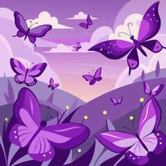 Purple Butterflies Flying Over a Serene Landscape at Sunset