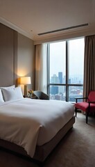 Luxurious hotel suite with a king-size bed, plush bedding, and a stunning city view from the large window Enjoy the ultimate in comfort and elegance , hotel room, amenities