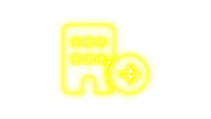 Neon icon of a building with an arrow pointing right, symbolizing exit, Neon building circle arrow right icon glow with transparent background