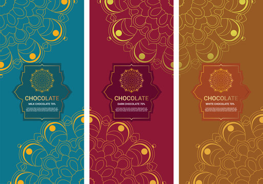 Luxury packaging design of chocolate bars. Vintage vector ornament template. Chocolate bar packaging mock up design set.