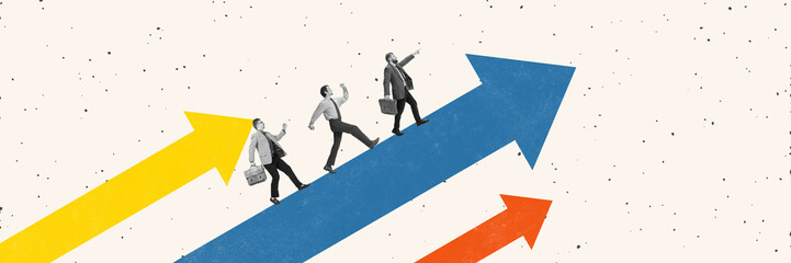 Together Up. Conceptual collage. Group of professionals climbs colorful arrows pointing upward with...