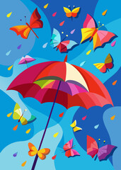 Colorful Butterflies and Umbrella in a Spring Rain