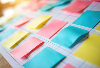 Colorful sticky notes arranged on a grid for organization and planning
