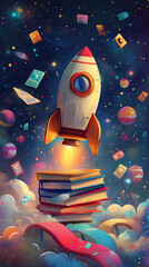 A whimsical rocket launching from a stack of colorful books amidst a vibrant cosmic background