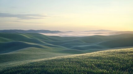 Fototapeta premium Rolling hills covered in fresh morning dew with a misty horizon in the distance