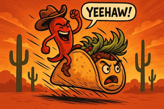 Cartoon chili pepper rodeo riding taco in desert with cacti and speech bubble 'yeehaw!'