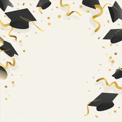 Black Mortarboard Caps and Gold Streamer Confetti Border on Off-White Background, Minimalist Flat Vector Style with Central Blank Space for Festive Graduation Designs.