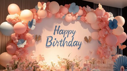 Baby girl's birthday party with photo wall decorations featuring arch, balloons, "Happy Birthday" text, flowers, and paper butterfly in children's photo zone.