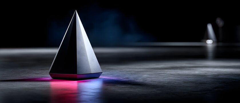 Abstract geometric shapes on reflective surface, futuristic cone design with glowing base, modern art theme with vibrant colors.