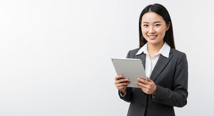 Fototapeta premium Asian woman in business suit holding a silver tablet