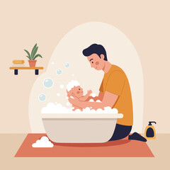 Naklejka premium Father bathing baby in bubble-filled tub at home bathroom , for blogs about parenting, psychology, the role of fathers in education, advertising of children's products