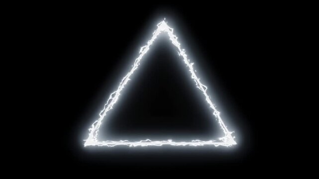 Abstract white triangular frame, triangle Portal with glowing white energy lines and lightning isolated on black background, transparent chroma key alpha matte overlay VFX